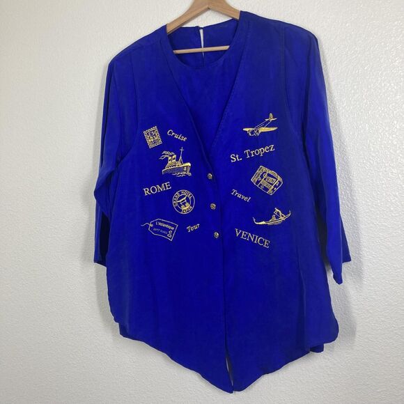 Vintage Strictly Silk Shirt Womens Medium Travel Embroidered Rome Venice St - Picture 4 of 16